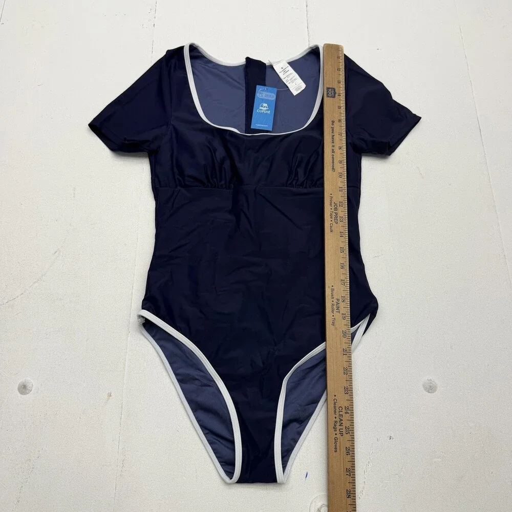 Cupshe Swimsuit Womens S Blue One Piece Short Sleeve Zip Back Lined Stretch